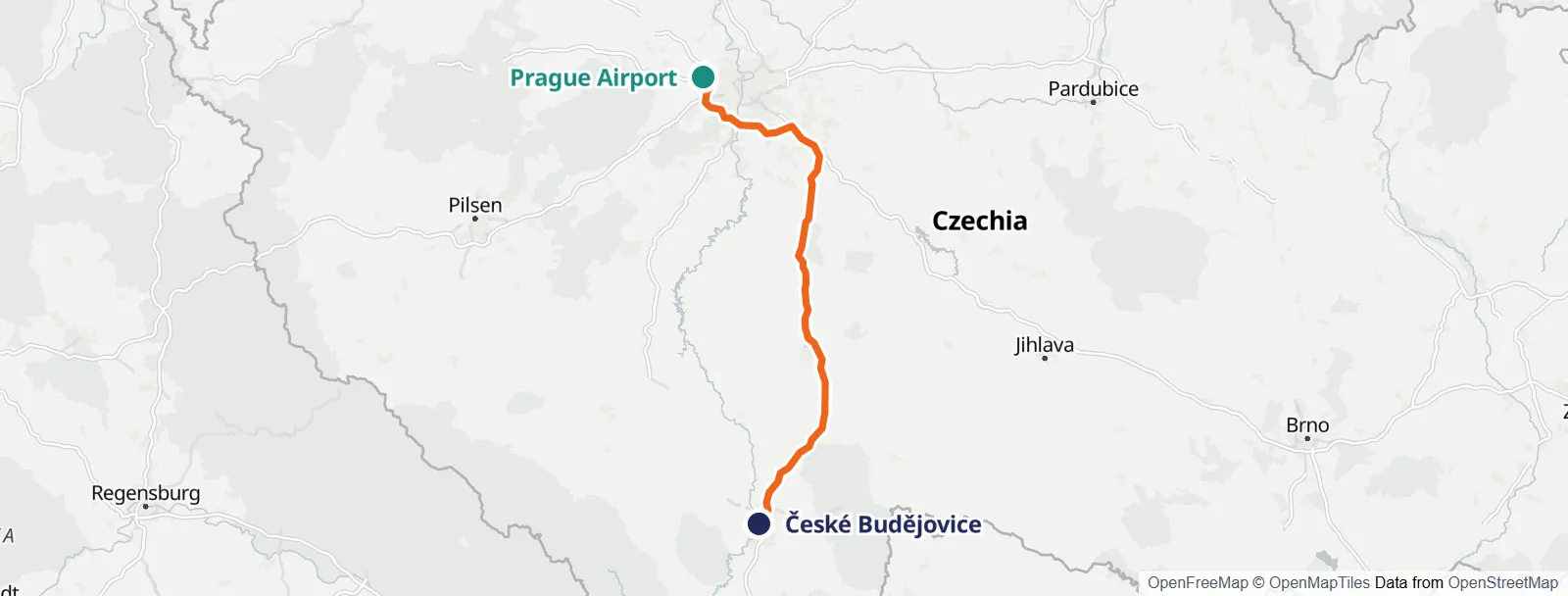 ルートマップ: Prague Airport – České Budějovice