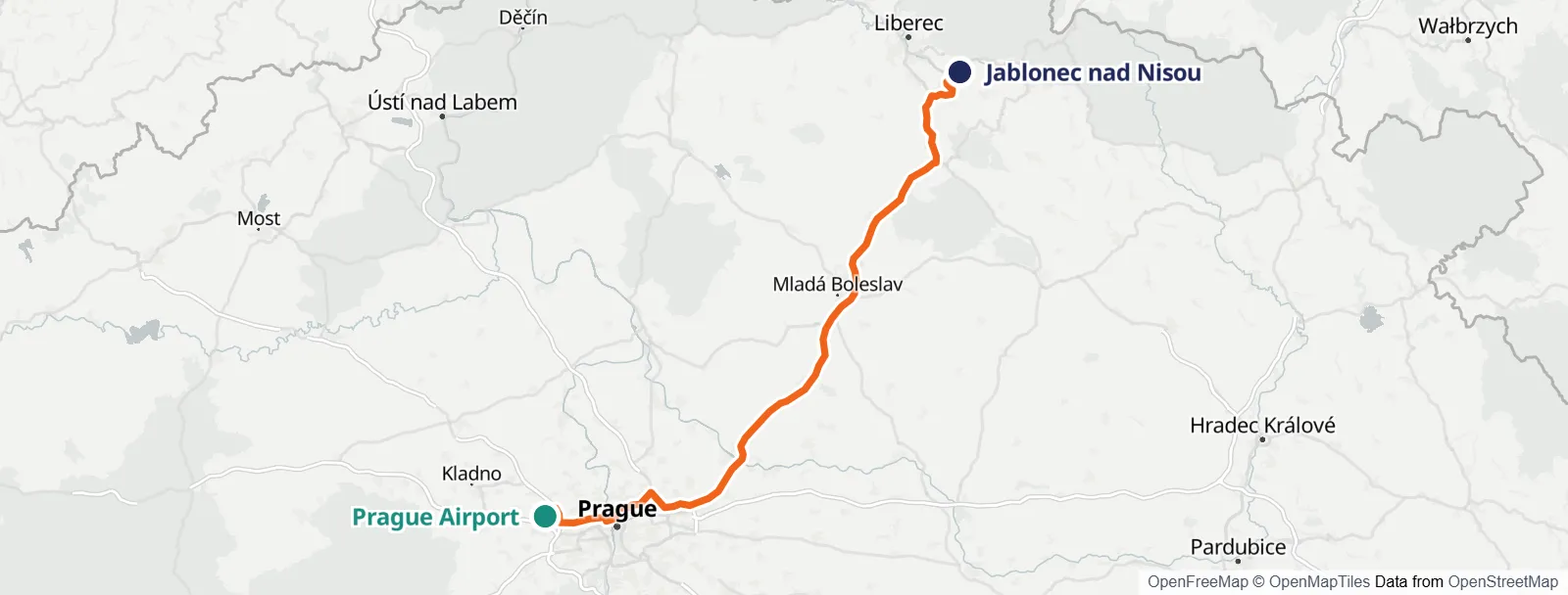 ルートマップ: Prague Airport – Jablonec nad Nisou