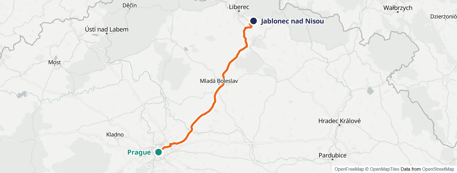 ルートマップ: Prague – Jablonec nad Nisou
