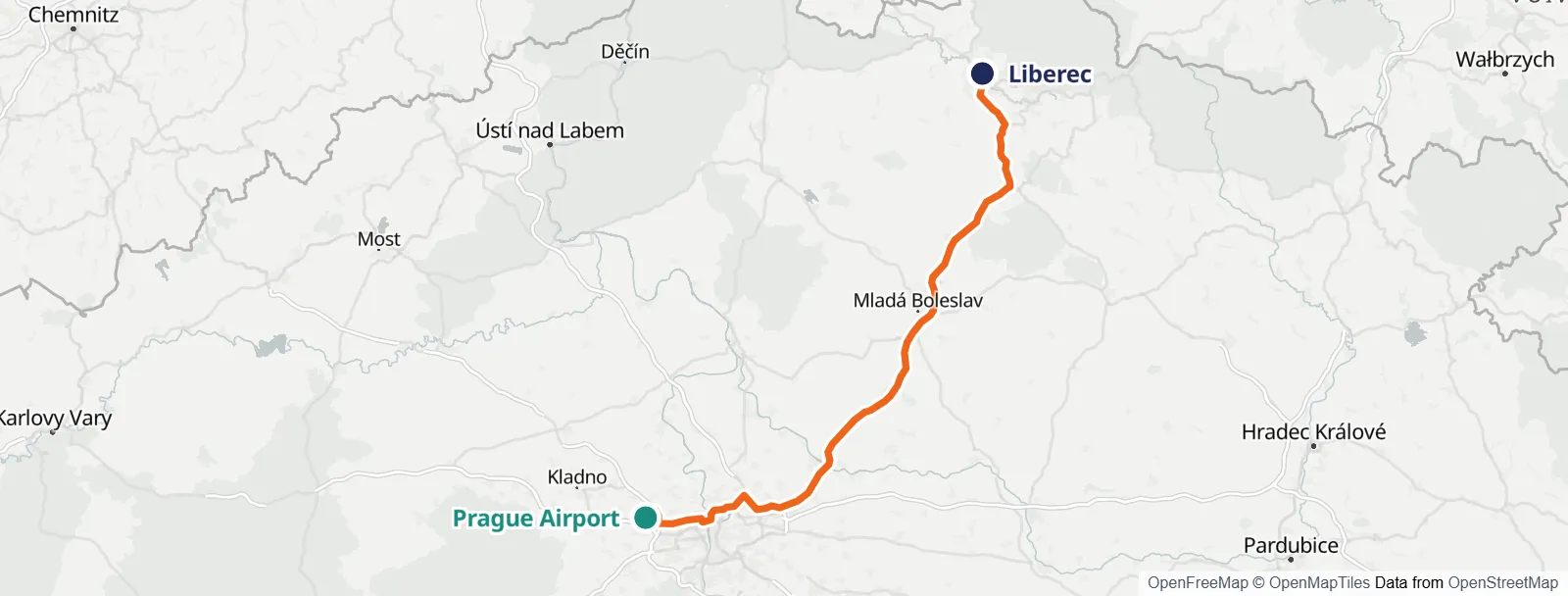 ルートマップ: Prague Airport – Liberec