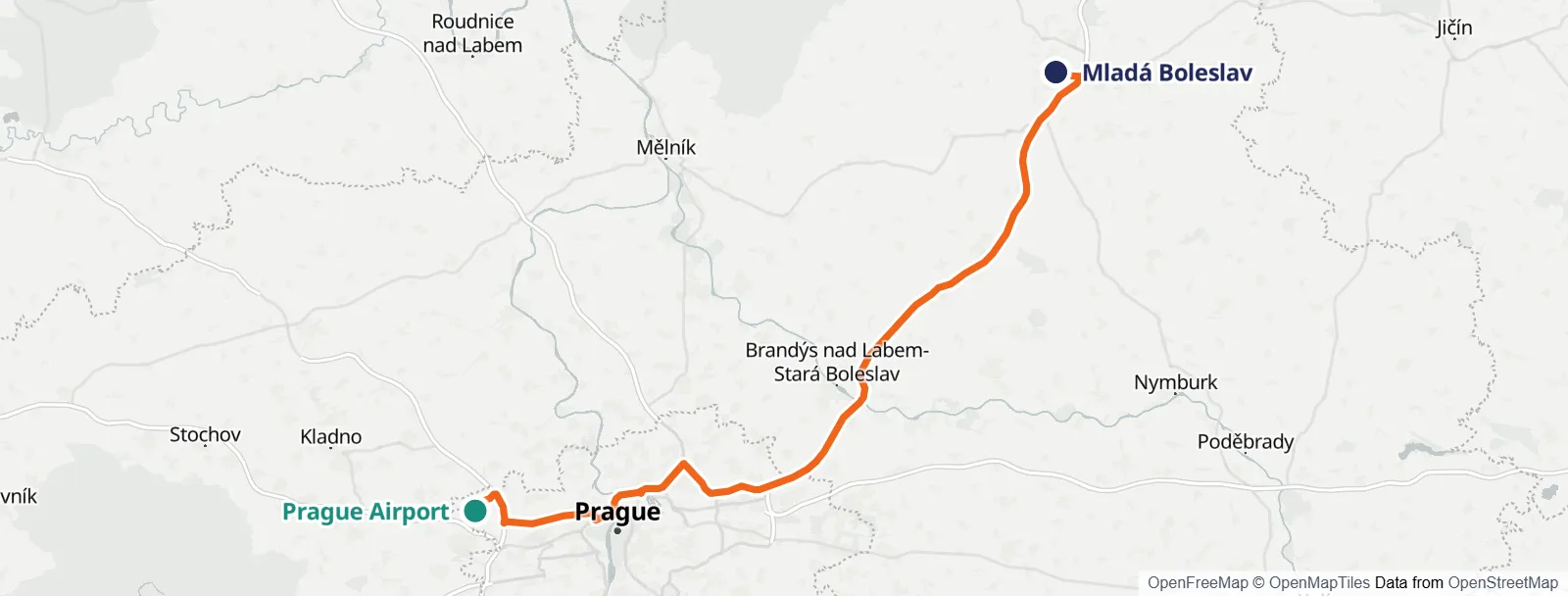 ルートマップ: Prague Airport – Mladá Boleslav