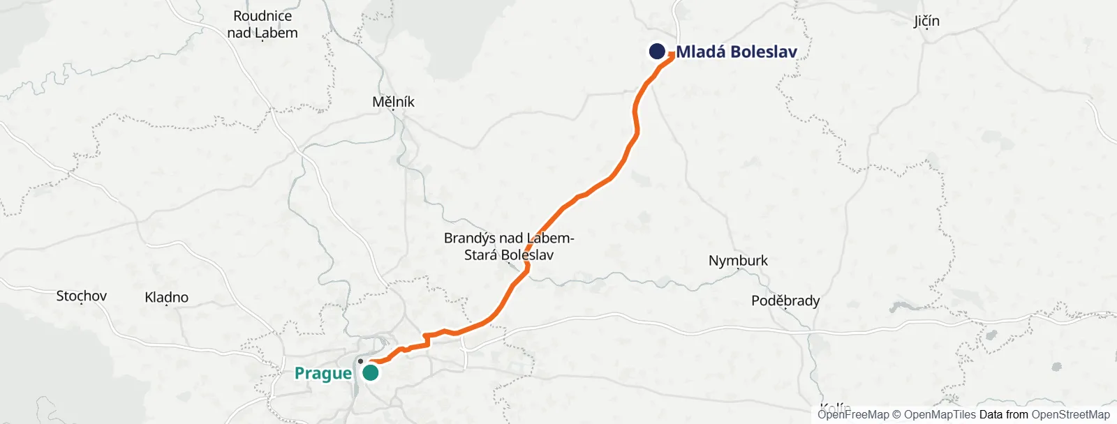 ルートマップ: Prague – Mladá Boleslav