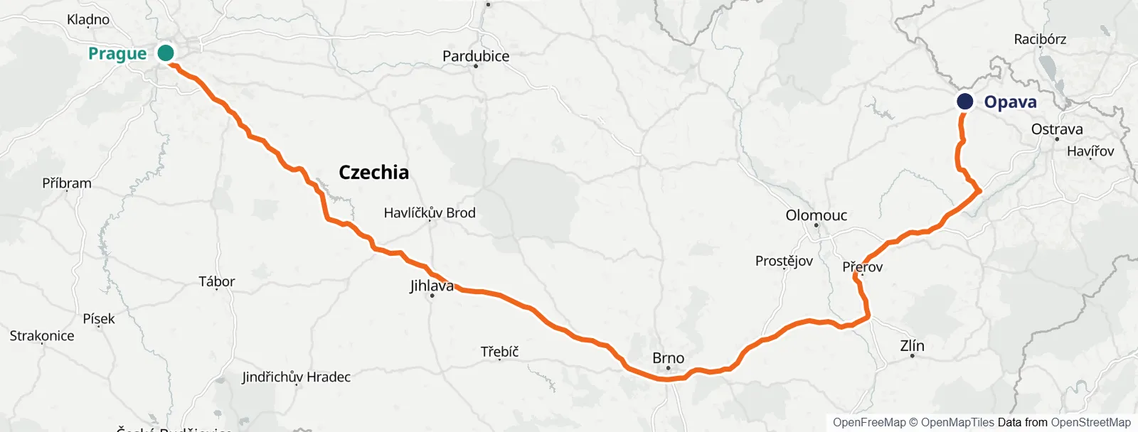 ルートマップ: Prague – Opava