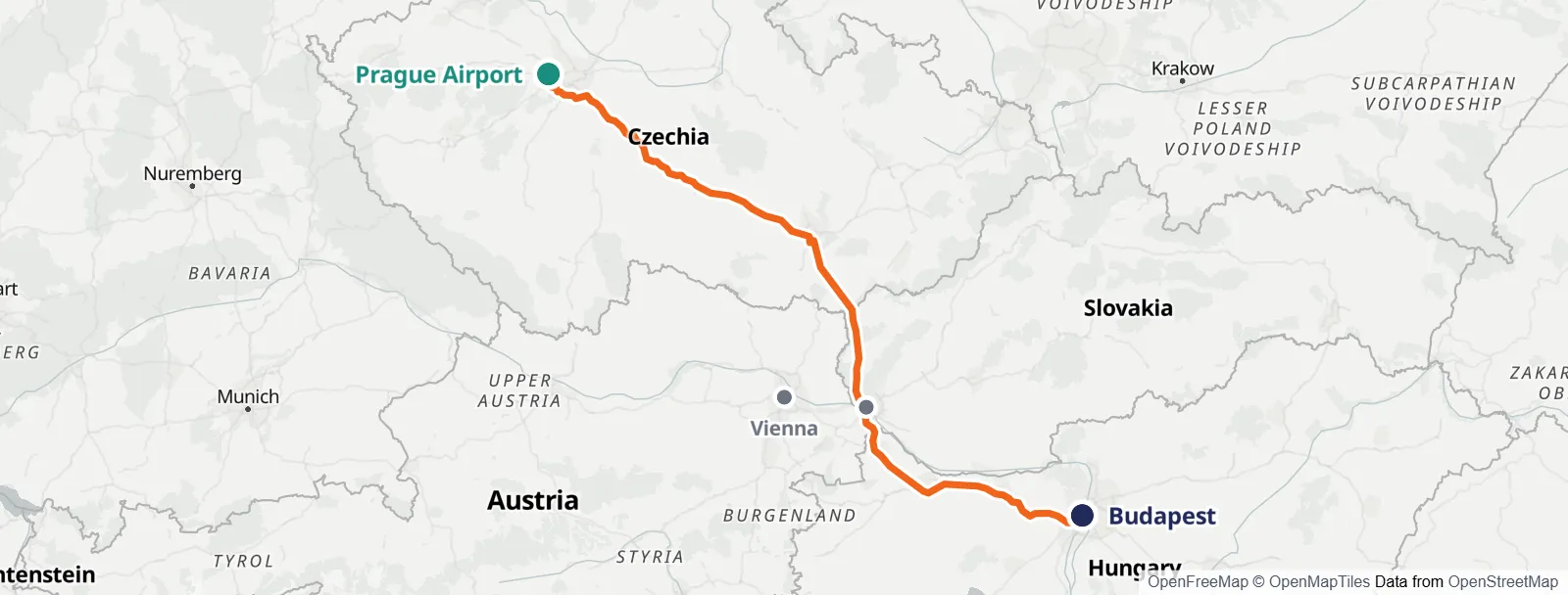 ルートマップ: Prague Airport – Vienna – Bratislava – Budapest