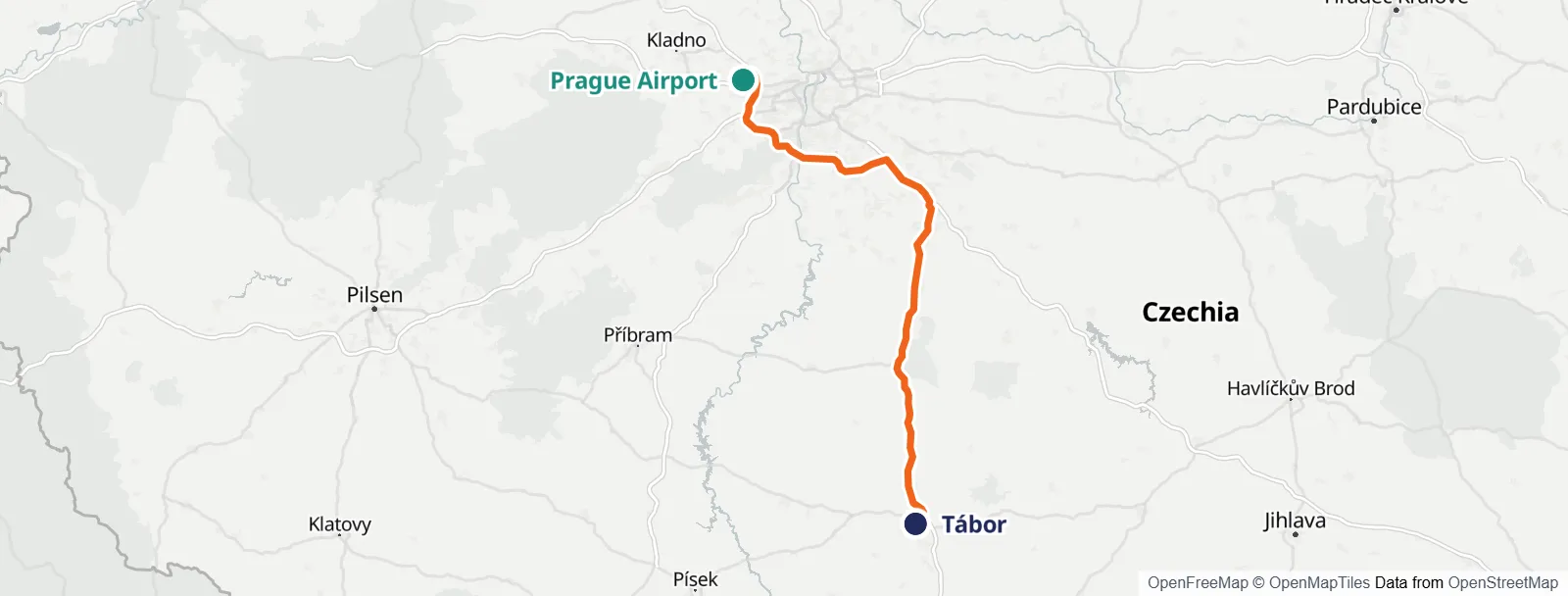 ルートマップ: Prague Airport – Tábor