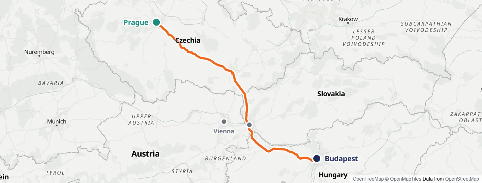 ルートマップ: Prague – Vienna – Bratislava – Budapest
